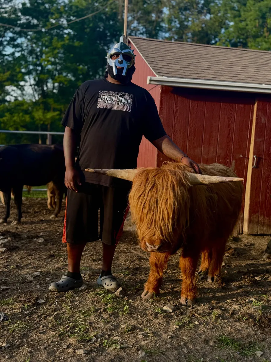 Grizz in a Farmer Brown Farm to Table tee and a silver mask, resting a hand on a Highland cow by the red barn